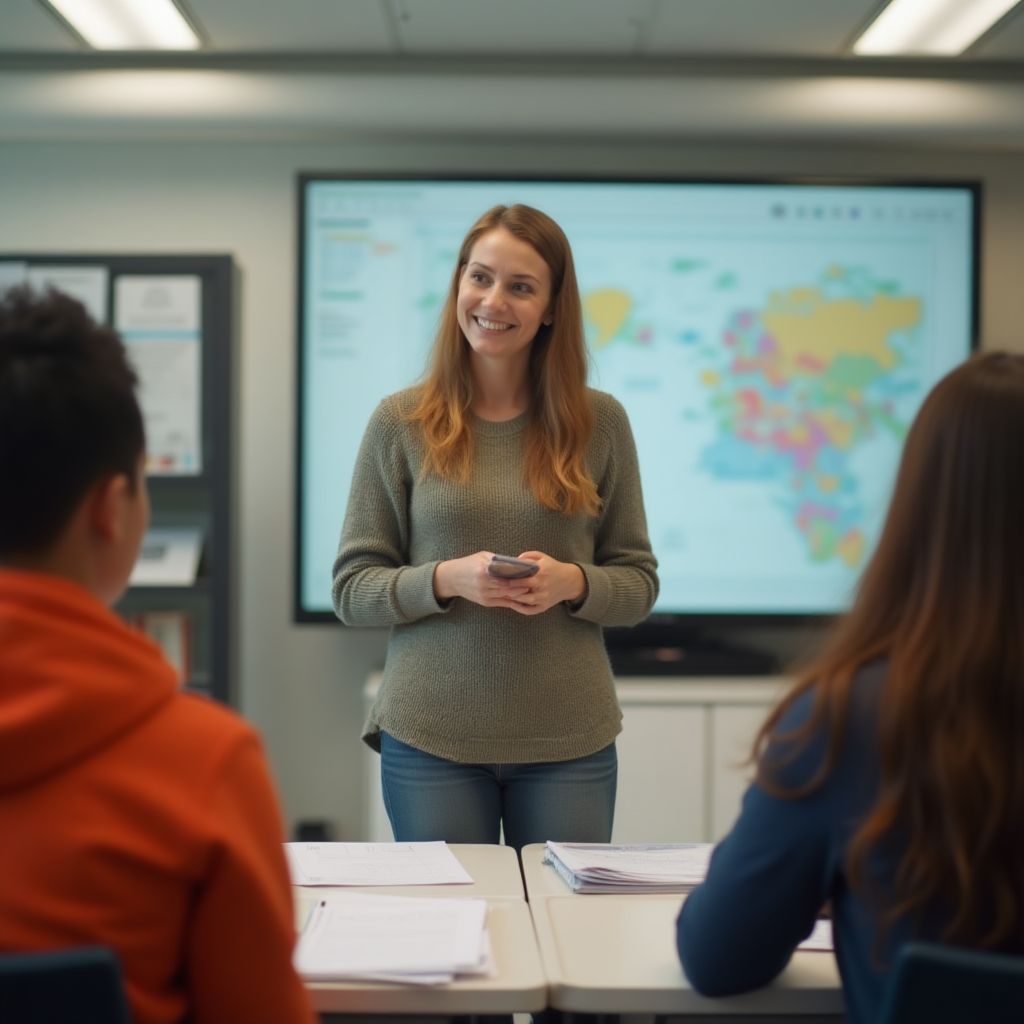Profesor enseñando inglés a un grupo diverso de estudiantes